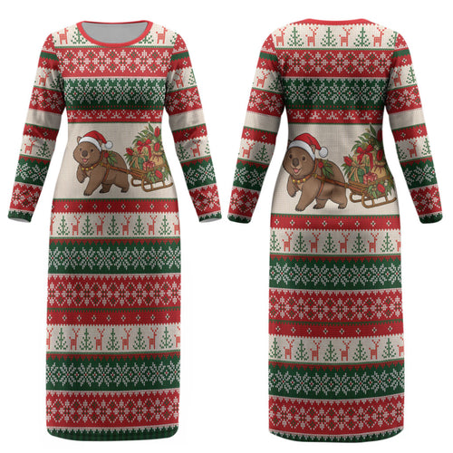 Aussie Wombat Christmas Couples Matching Long Sleeve Bodycon Dress and Hawaiian Shirt Festive Knitted Pattern Inspired