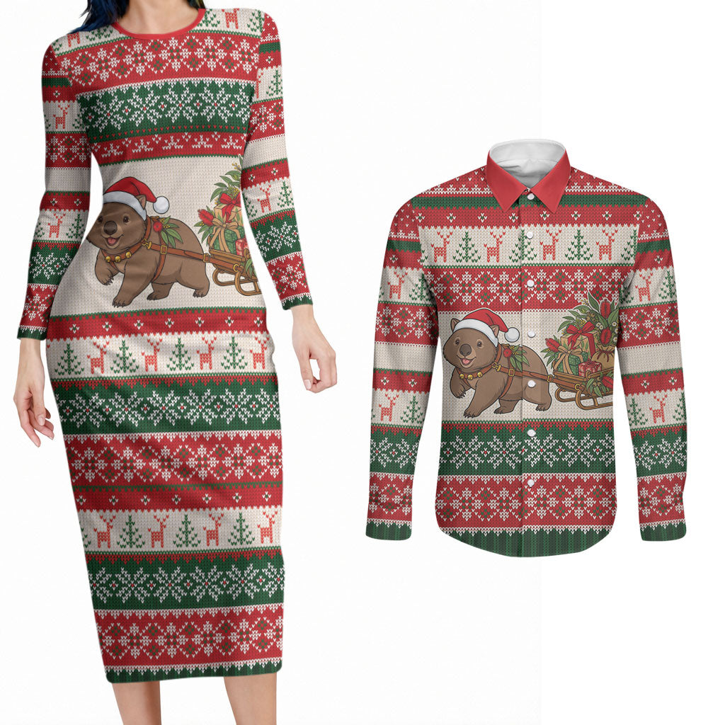 Aussie Wombat Christmas Couples Matching Long Sleeve Bodycon Dress and Long Sleeve Button Shirt Festive Knitted Pattern Inspired