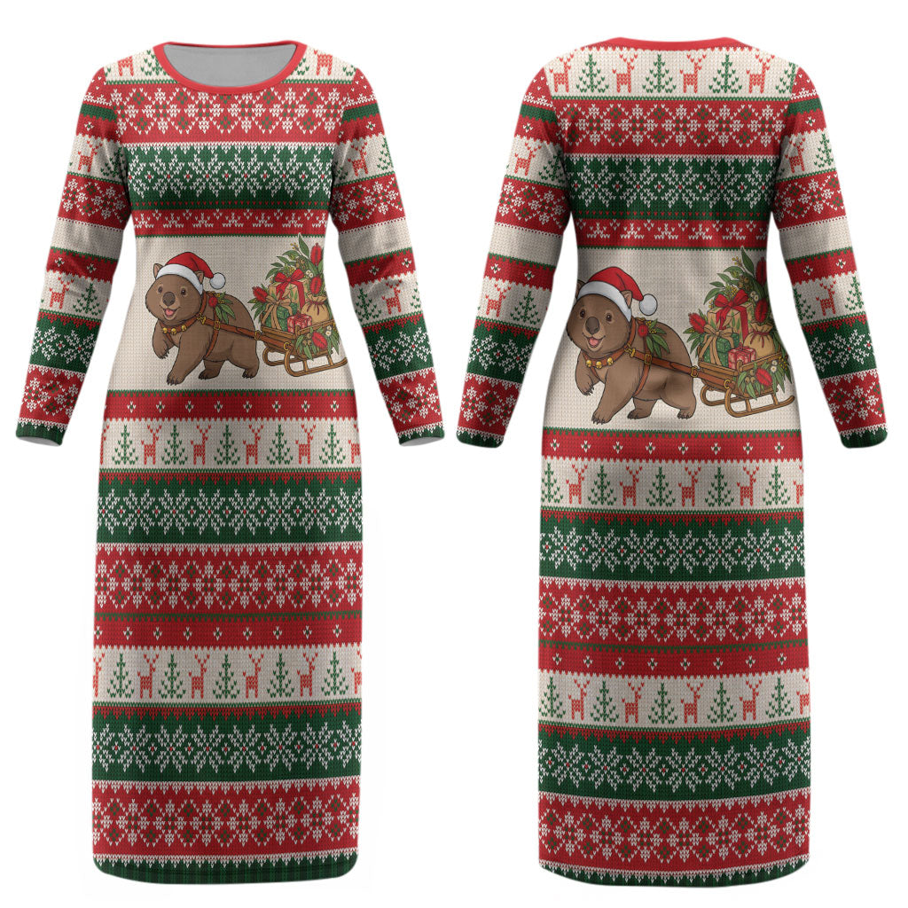 Aussie Wombat Christmas Couples Matching Long Sleeve Bodycon Dress and Long Sleeve Button Shirt Festive Knitted Pattern Inspired