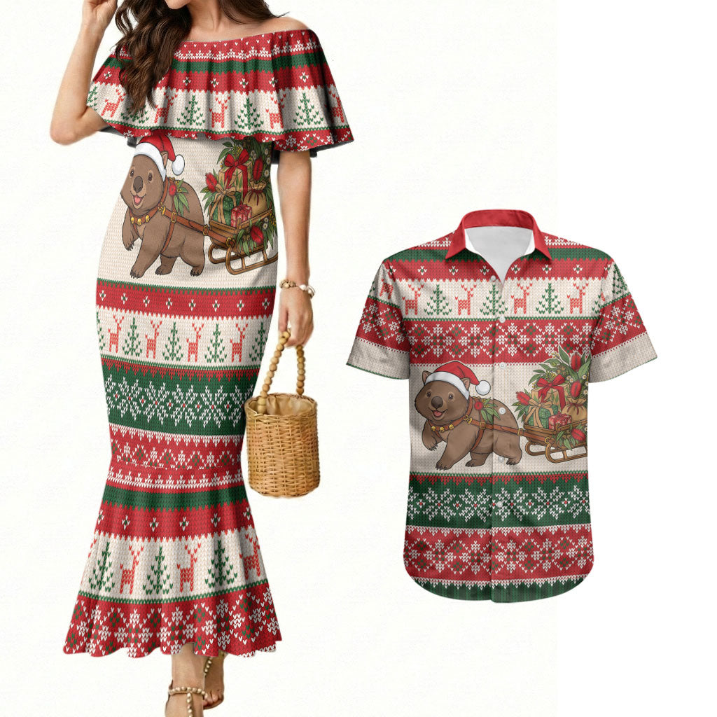 Aussie Wombat Christmas Couples Matching Mermaid Dress and Hawaiian Shirt Festive Knitted Pattern Inspired
