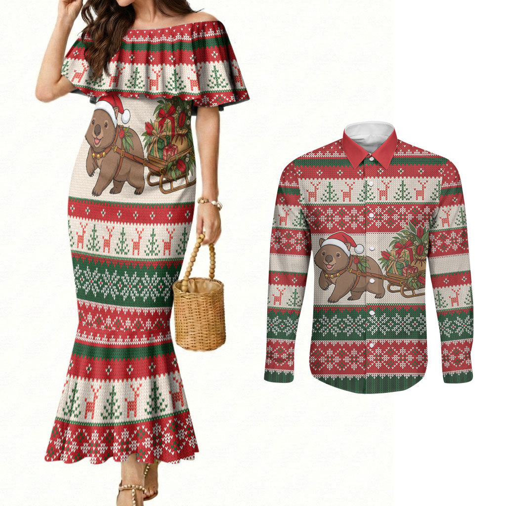 Aussie Wombat Christmas Couples Matching Mermaid Dress and Long Sleeve Button Shirt Festive Knitted Pattern Inspired