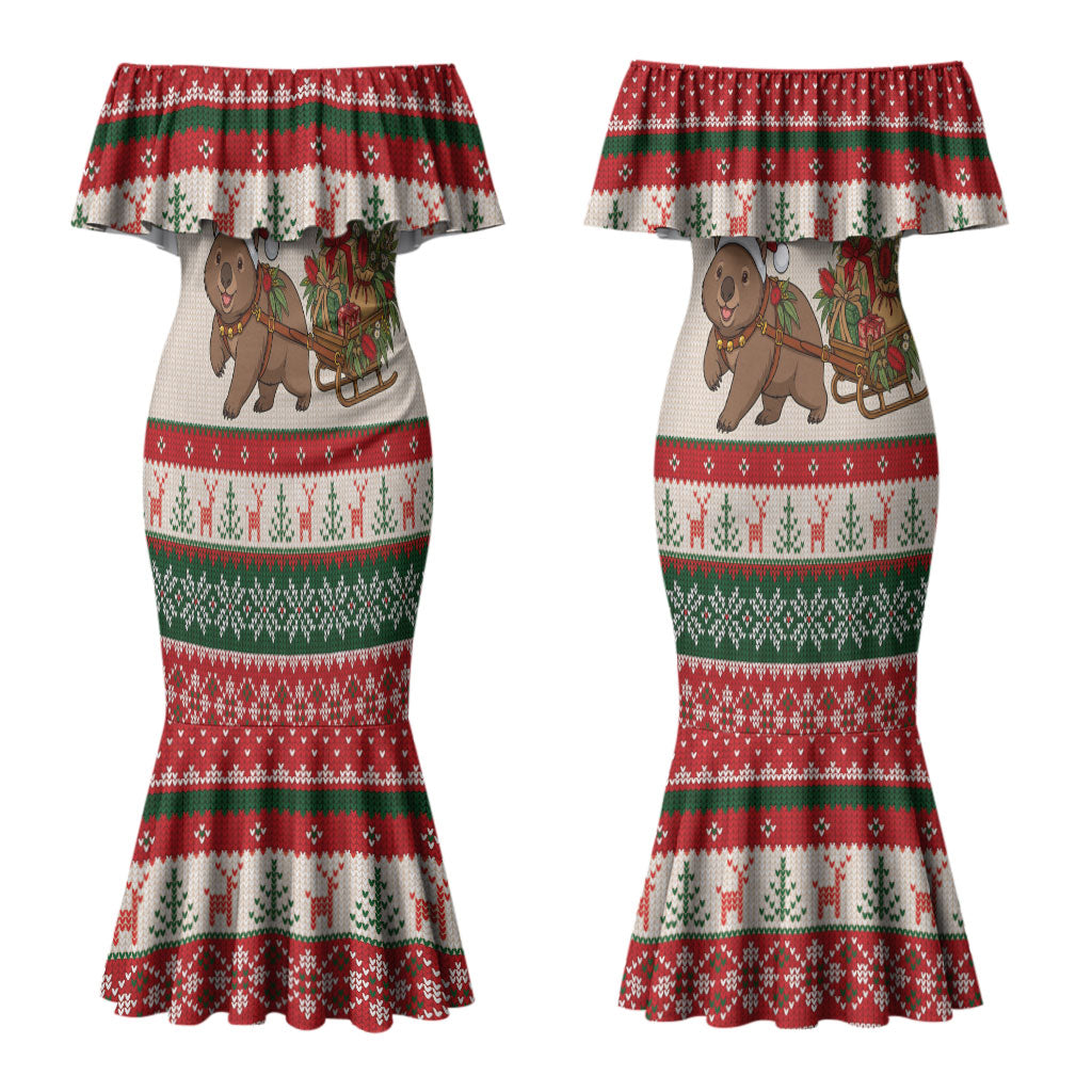 Aussie Wombat Christmas Couples Matching Mermaid Dress and Long Sleeve Button Shirt Festive Knitted Pattern Inspired