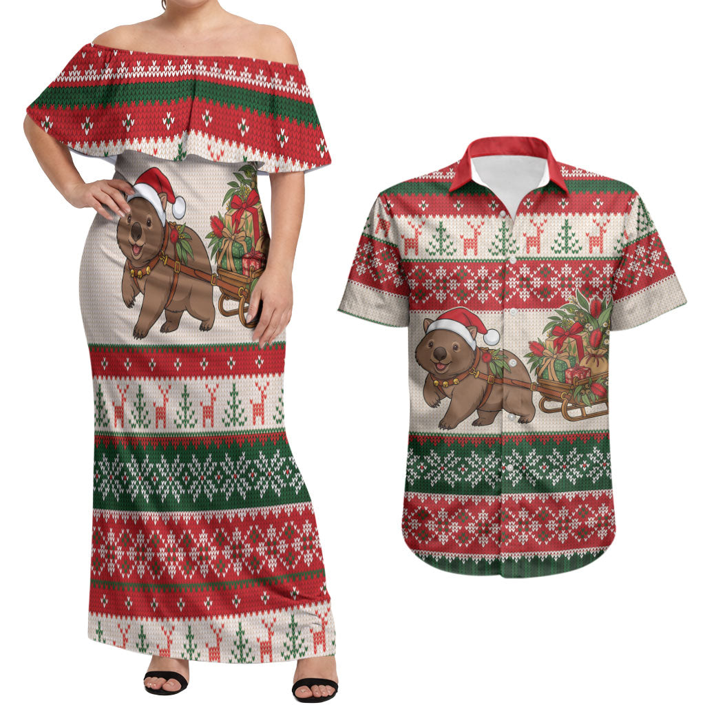 Aussie Wombat Christmas Couples Matching Off Shoulder Maxi Dress and Hawaiian Shirt Festive Knitted Pattern Inspired