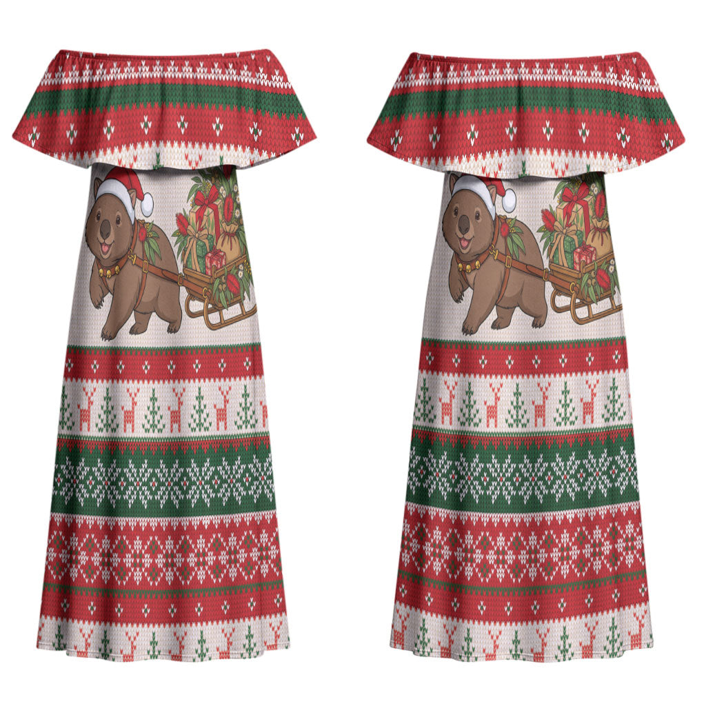 Aussie Wombat Christmas Couples Matching Off Shoulder Maxi Dress and Hawaiian Shirt Festive Knitted Pattern Inspired