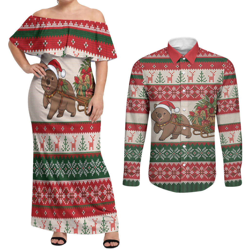 Aussie Wombat Christmas Couples Matching Off Shoulder Maxi Dress and Long Sleeve Button Shirt Festive Knitted Pattern Inspired