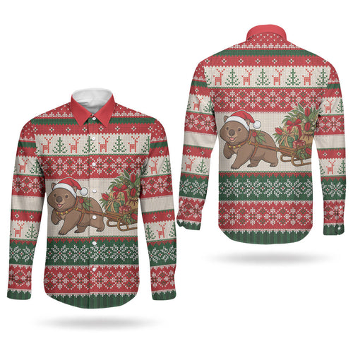 Aussie Wombat Christmas Couples Matching Off Shoulder Maxi Dress and Long Sleeve Button Shirt Festive Knitted Pattern Inspired