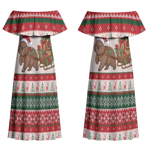 Aussie Wombat Christmas Couples Matching Off Shoulder Maxi Dress and Long Sleeve Button Shirt Festive Knitted Pattern Inspired