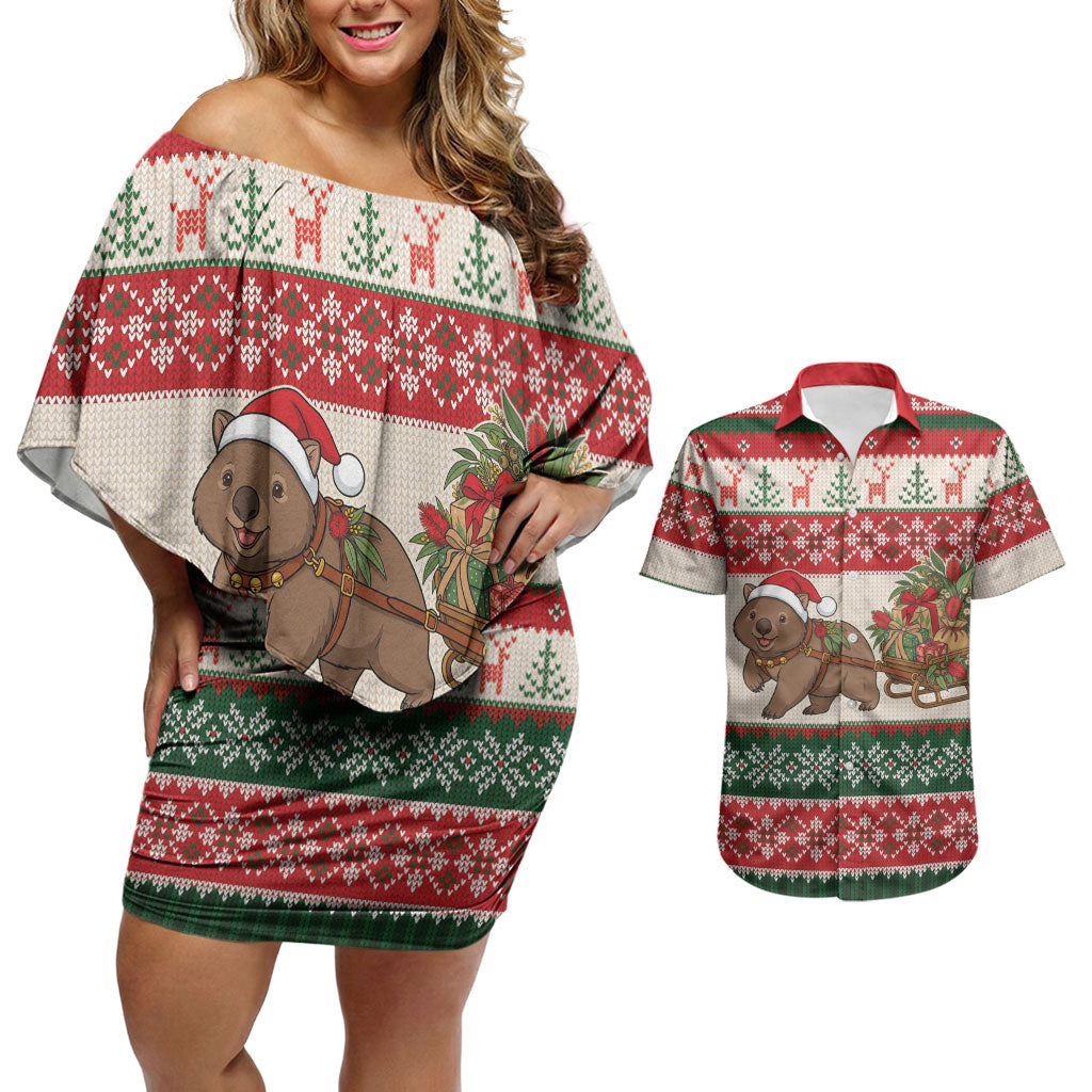 Aussie Wombat Christmas Couples Matching Off Shoulder Short Dress and Hawaiian Shirt Festive Knitted Pattern Inspired