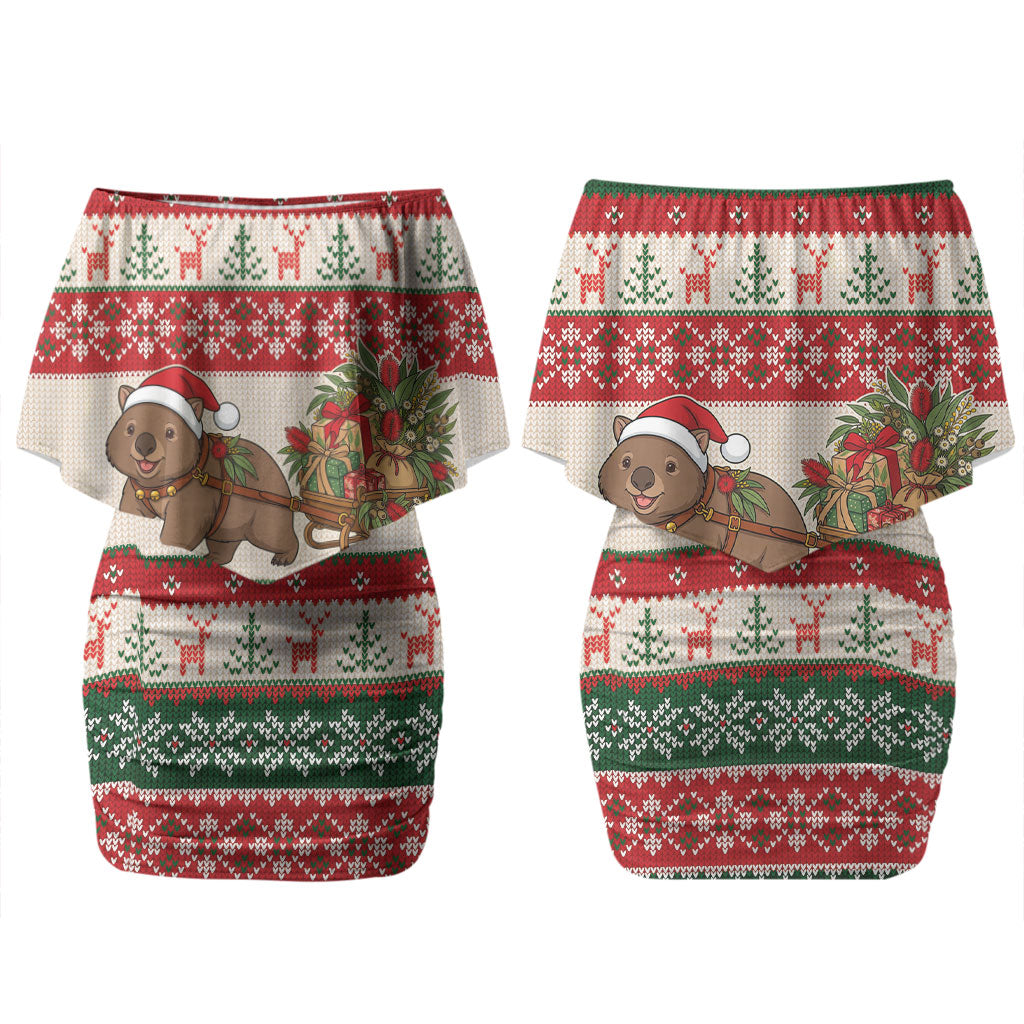 Aussie Wombat Christmas Couples Matching Off Shoulder Short Dress and Hawaiian Shirt Festive Knitted Pattern Inspired