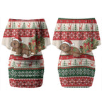 Aussie Wombat Christmas Couples Matching Off Shoulder Short Dress and Hawaiian Shirt Festive Knitted Pattern Inspired