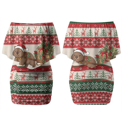 Aussie Wombat Christmas Couples Matching Off Shoulder Short Dress and Hawaiian Shirt Festive Knitted Pattern Inspired