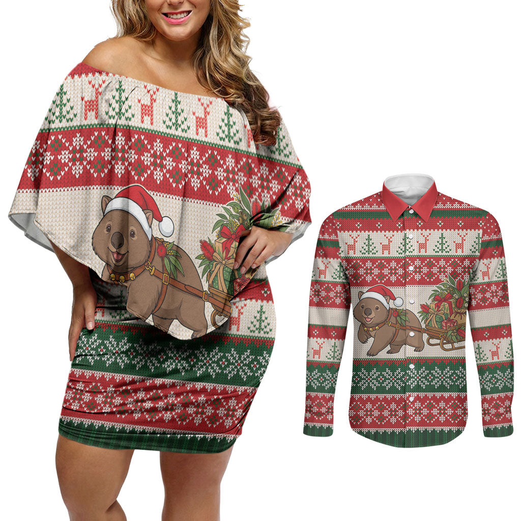 Aussie Wombat Christmas Couples Matching Off Shoulder Short Dress and Long Sleeve Button Shirt Festive Knitted Pattern Inspired