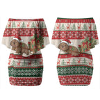 Aussie Wombat Christmas Couples Matching Off Shoulder Short Dress and Long Sleeve Button Shirt Festive Knitted Pattern Inspired