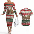 Aussie Wombat Christmas Couples Matching Off The Shoulder Long Sleeve Dress and Hawaiian Shirt Festive Knitted Pattern Inspired