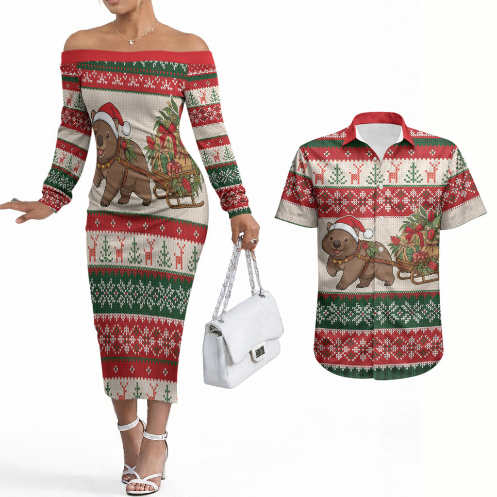 Aussie Wombat Christmas Couples Matching Off The Shoulder Long Sleeve Dress and Hawaiian Shirt Festive Knitted Pattern Inspired