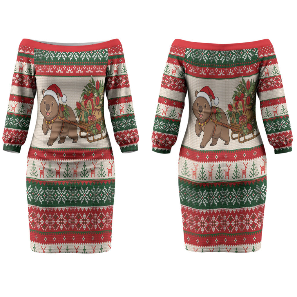 Aussie Wombat Christmas Couples Matching Off The Shoulder Long Sleeve Dress and Hawaiian Shirt Festive Knitted Pattern Inspired