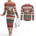 Aussie Wombat Christmas Couples Matching Off The Shoulder Long Sleeve Dress and Long Sleeve Button Shirt Festive Knitted Pattern Inspired