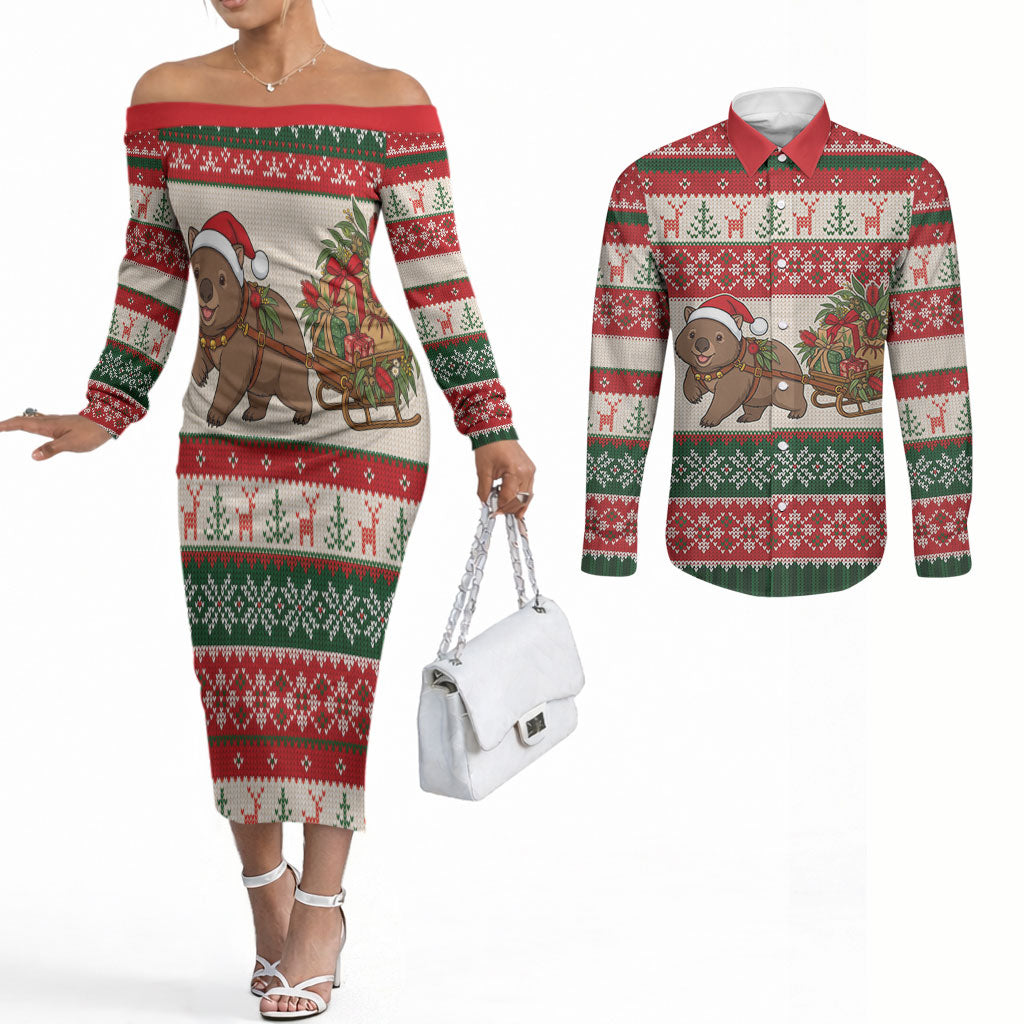 Aussie Wombat Christmas Couples Matching Off The Shoulder Long Sleeve Dress and Long Sleeve Button Shirt Festive Knitted Pattern Inspired