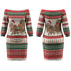 Aussie Wombat Christmas Couples Matching Off The Shoulder Long Sleeve Dress and Long Sleeve Button Shirt Festive Knitted Pattern Inspired