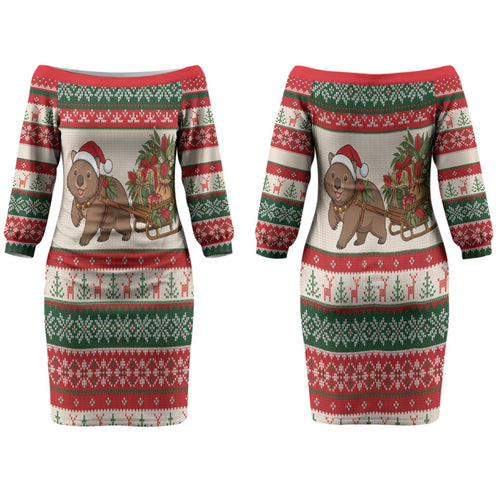 Aussie Wombat Christmas Couples Matching Off The Shoulder Long Sleeve Dress and Long Sleeve Button Shirt Festive Knitted Pattern Inspired