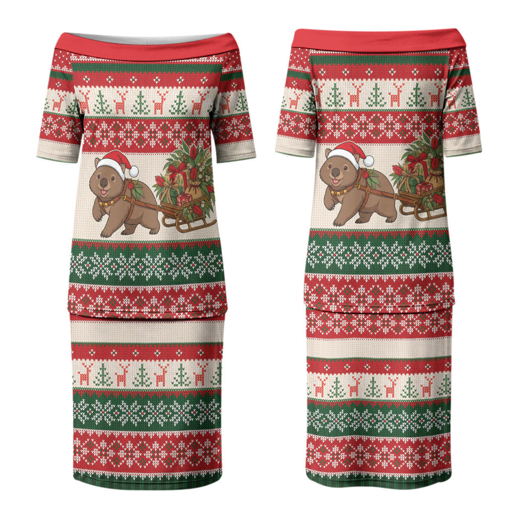 Aussie Wombat Christmas Couples Matching Puletasi and Hawaiian Shirt Festive Knitted Pattern Inspired