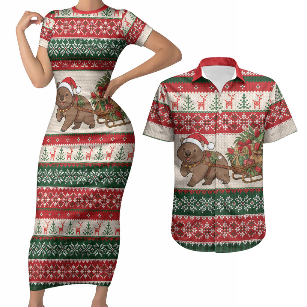 Aussie Wombat Christmas Couples Matching Short Sleeve Bodycon Dress and Hawaiian Shirt Festive Knitted Pattern Inspired