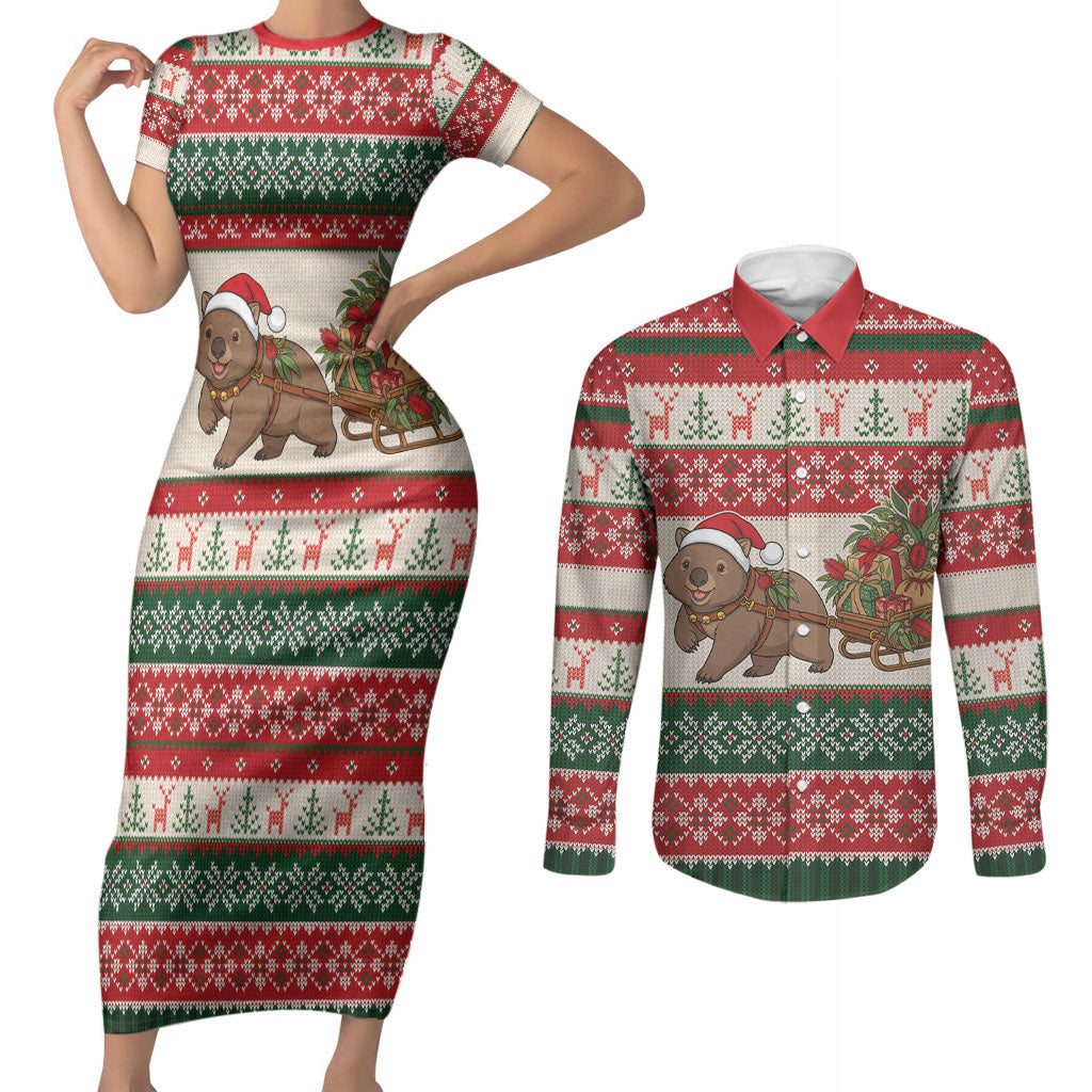 Aussie Wombat Christmas Couples Matching Short Sleeve Bodycon Dress and Long Sleeve Button Shirt Festive Knitted Pattern Inspired