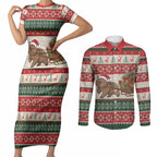 Aussie Wombat Christmas Couples Matching Short Sleeve Bodycon Dress and Long Sleeve Button Shirt Festive Knitted Pattern Inspired