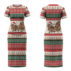 Aussie Wombat Christmas Couples Matching Short Sleeve Bodycon Dress and Long Sleeve Button Shirt Festive Knitted Pattern Inspired