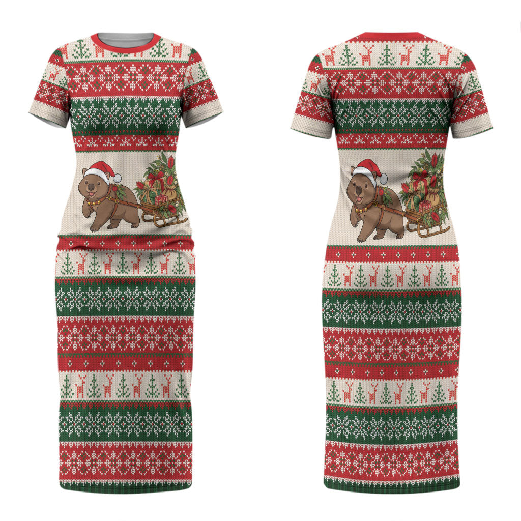 Aussie Wombat Christmas Couples Matching Short Sleeve Bodycon Dress and Long Sleeve Button Shirt Festive Knitted Pattern Inspired