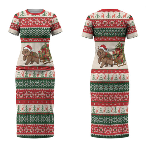 Aussie Wombat Christmas Couples Matching Short Sleeve Bodycon Dress and Long Sleeve Button Shirt Festive Knitted Pattern Inspired