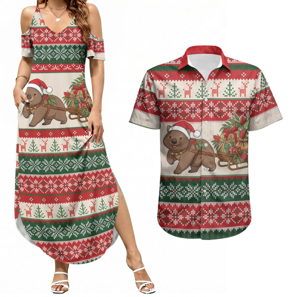 Aussie Wombat Christmas Couples Matching Summer Maxi Dress and Hawaiian Shirt Festive Knitted Pattern Inspired
