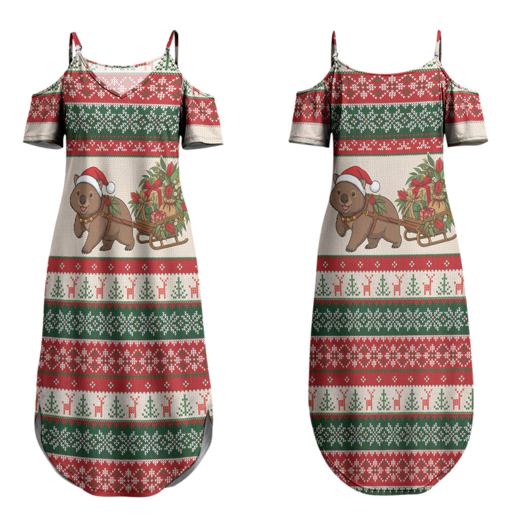 Aussie Wombat Christmas Couples Matching Summer Maxi Dress and Long Sleeve Button Shirt Festive Knitted Pattern Inspired
