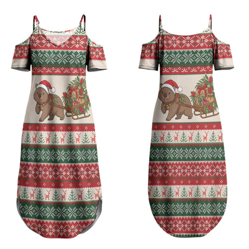 Aussie Wombat Christmas Couples Matching Summer Maxi Dress and Long Sleeve Button Shirt Festive Knitted Pattern Inspired