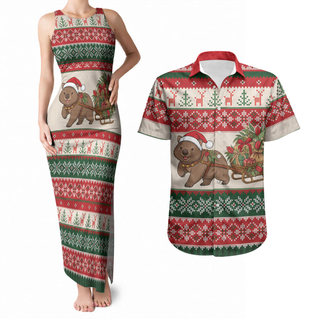 Aussie Wombat Christmas Couples Matching Tank Maxi Dress and Hawaiian Shirt Festive Knitted Pattern Inspired
