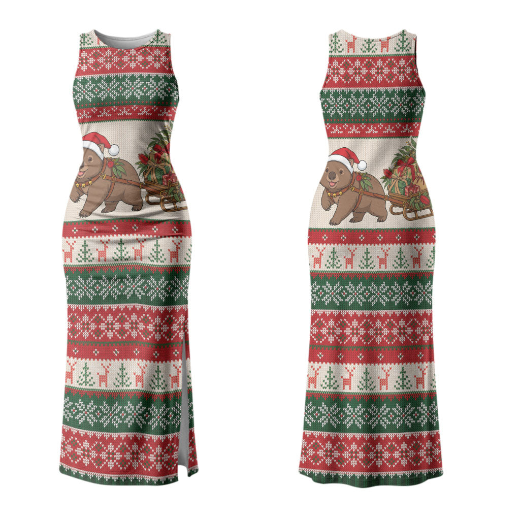 Aussie Wombat Christmas Couples Matching Tank Maxi Dress and Long Sleeve Button Shirt Festive Knitted Pattern Inspired