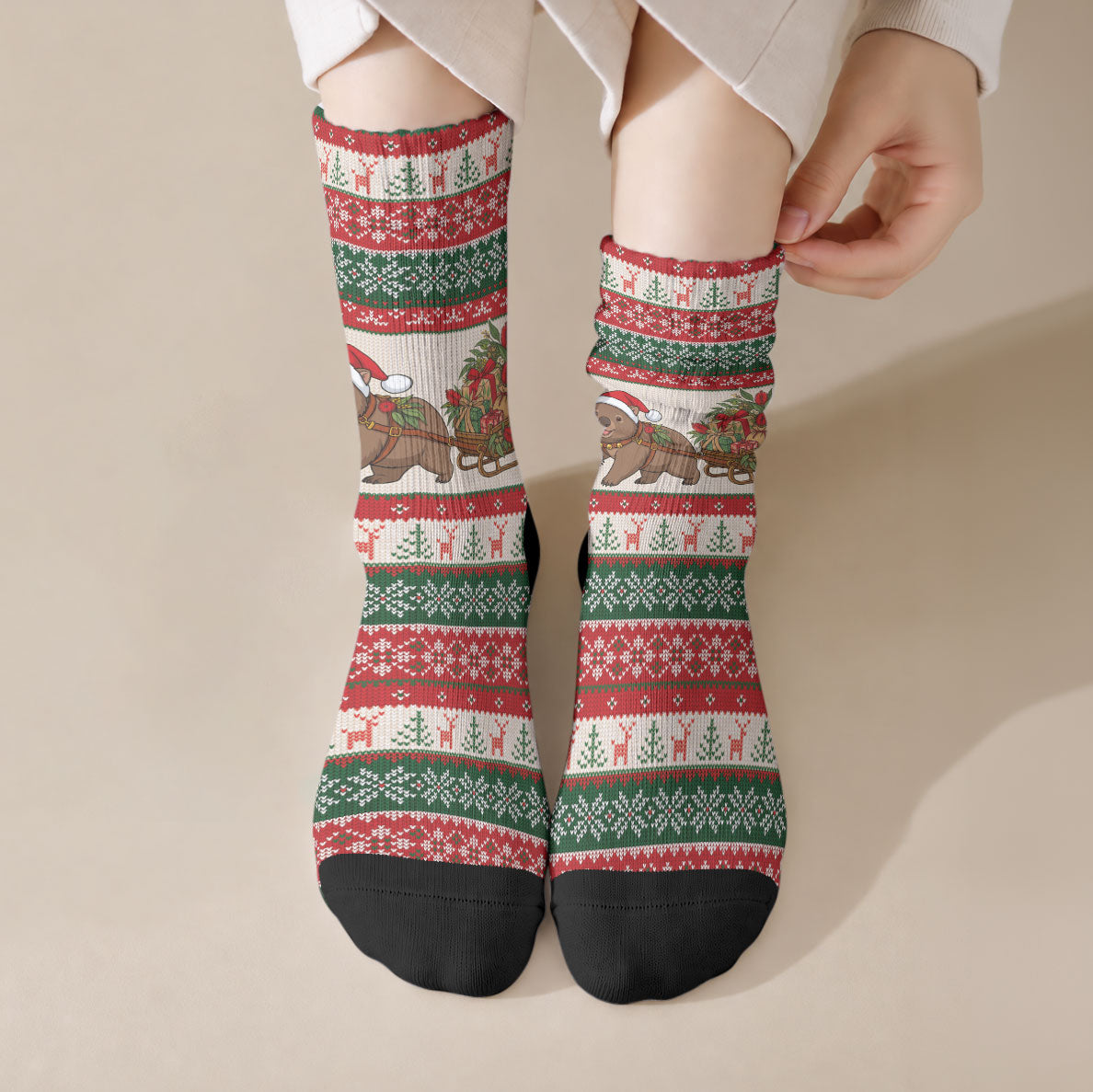Aussie Wombat Christmas Crew Socks Festive Knitted Pattern Inspired