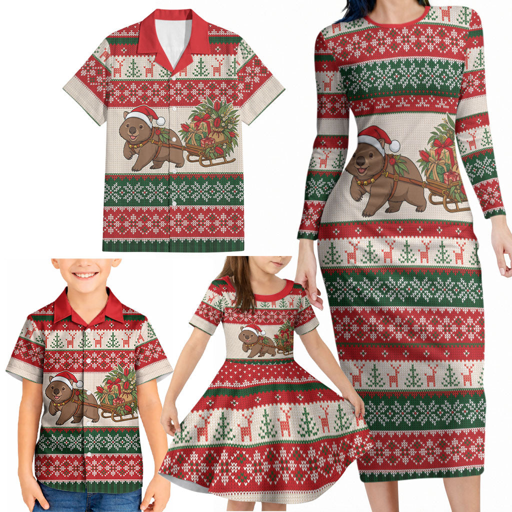 Aussie Wombat Christmas Family Matching Long Sleeve Bodycon Dress and Hawaiian Shirt Festive Knitted Pattern Inspired