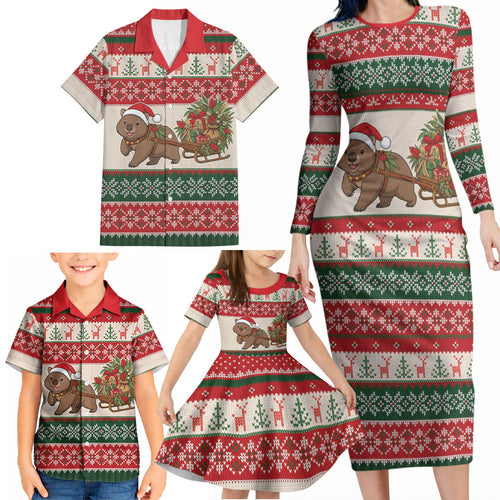 Aussie Wombat Christmas Family Matching Long Sleeve Bodycon Dress and Hawaiian Shirt Festive Knitted Pattern Inspired