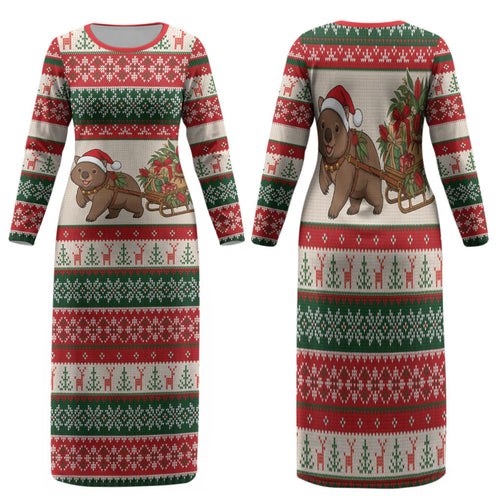Aussie Wombat Christmas Family Matching Long Sleeve Bodycon Dress and Hawaiian Shirt Festive Knitted Pattern Inspired