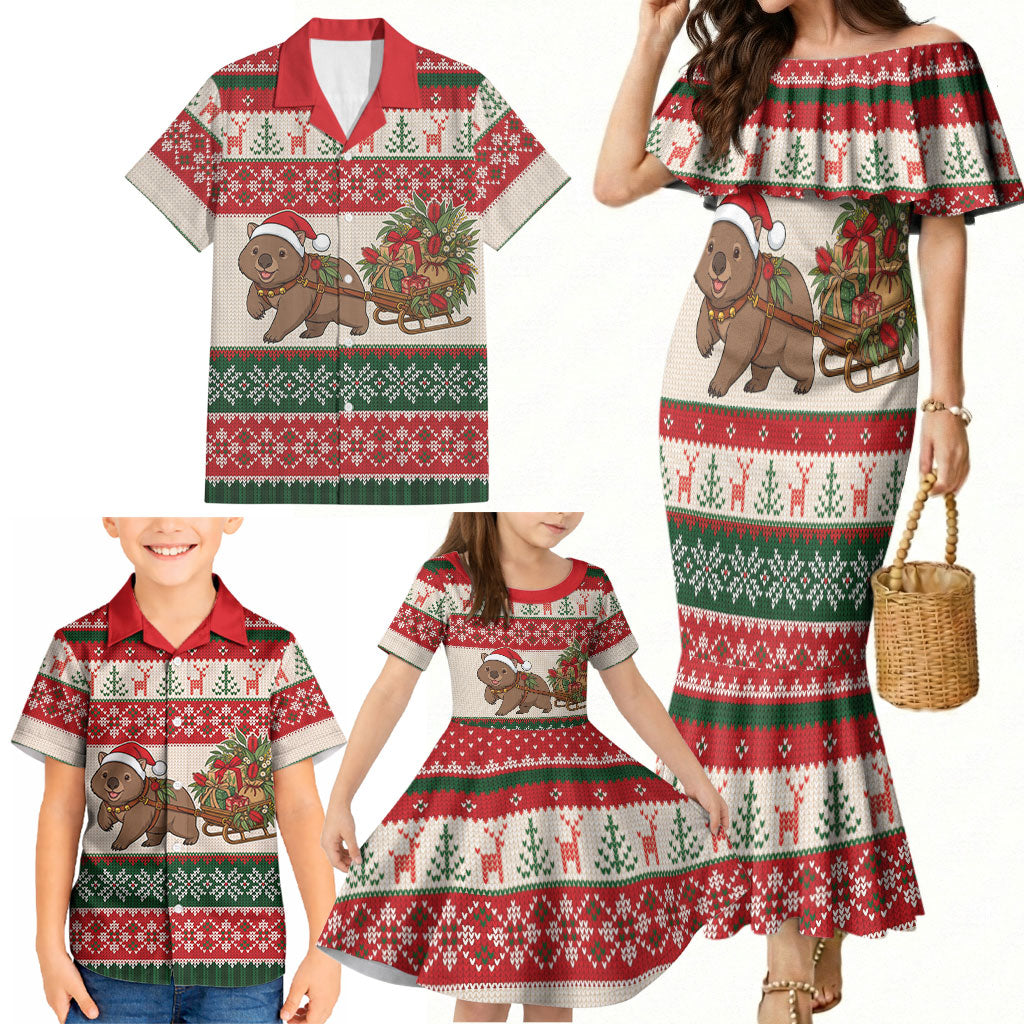 Aussie Wombat Christmas Family Matching Mermaid Dress and Hawaiian Shirt Festive Knitted Pattern Inspired
