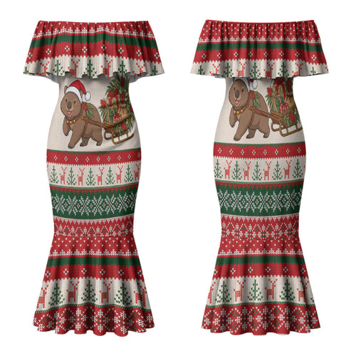 Aussie Wombat Christmas Family Matching Mermaid Dress and Hawaiian Shirt Festive Knitted Pattern Inspired