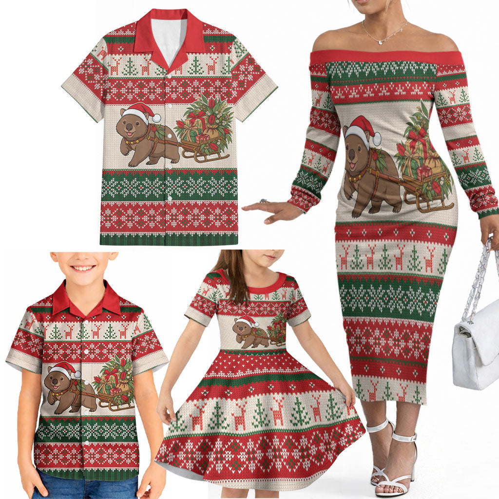 Aussie Wombat Christmas Family Matching Off The Shoulder Long Sleeve Dress and Hawaiian Shirt Festive Knitted Pattern Inspired