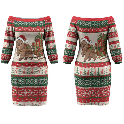 Aussie Wombat Christmas Family Matching Off The Shoulder Long Sleeve Dress and Hawaiian Shirt Festive Knitted Pattern Inspired