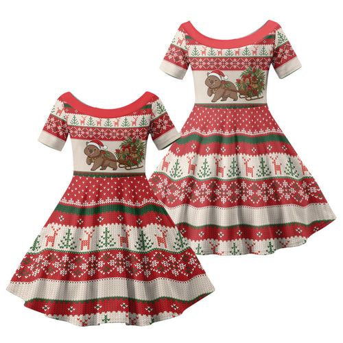 Aussie Wombat Christmas Family Matching Off The Shoulder Long Sleeve Dress and Hawaiian Shirt Festive Knitted Pattern Inspired
