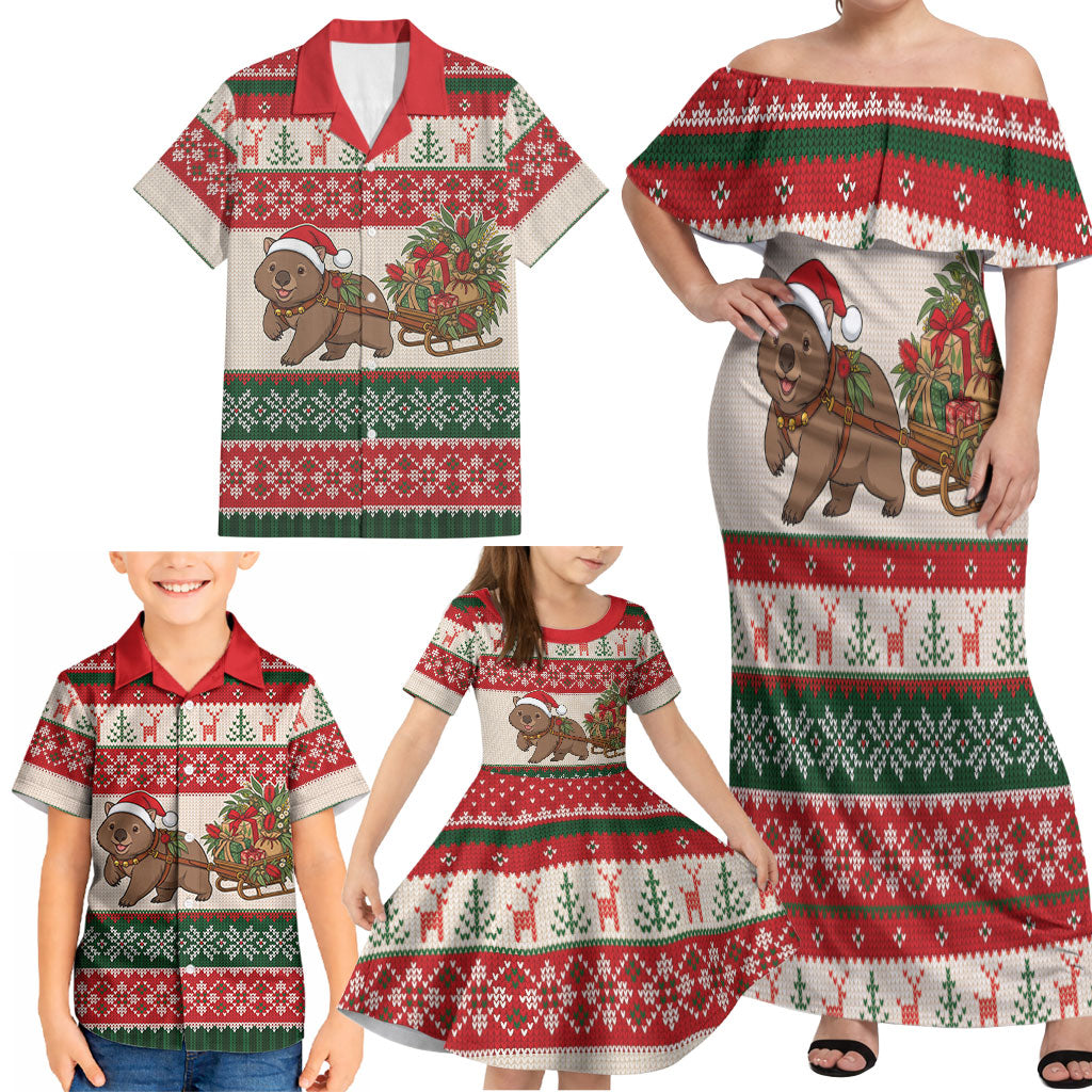 Aussie Wombat Christmas Family Matching Off Shoulder Maxi Dress and Hawaiian Shirt Festive Knitted Pattern Inspired