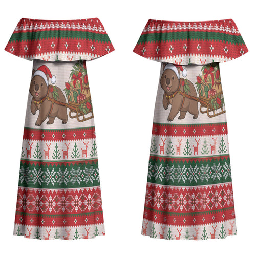 Aussie Wombat Christmas Family Matching Off Shoulder Maxi Dress and Hawaiian Shirt Festive Knitted Pattern Inspired