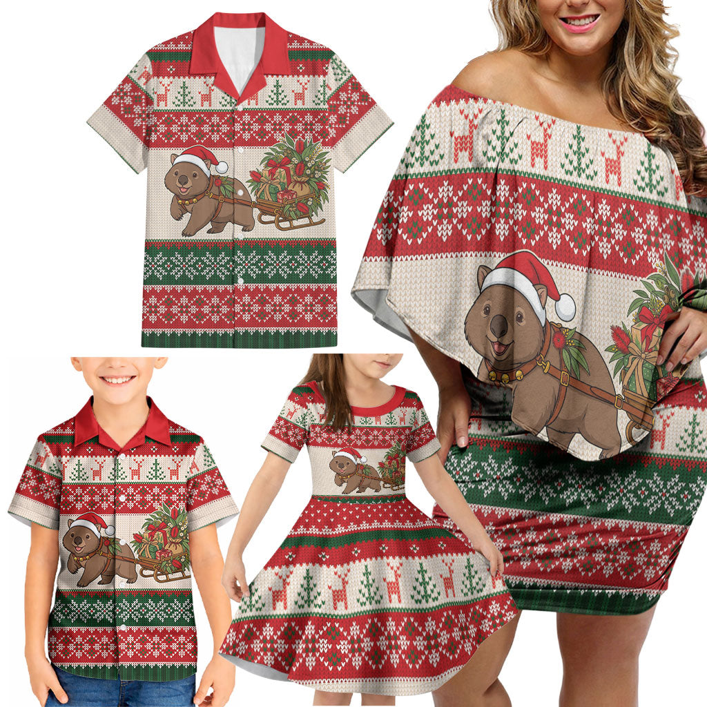 Aussie Wombat Christmas Family Matching Off Shoulder Short Dress and Hawaiian Shirt Festive Knitted Pattern Inspired