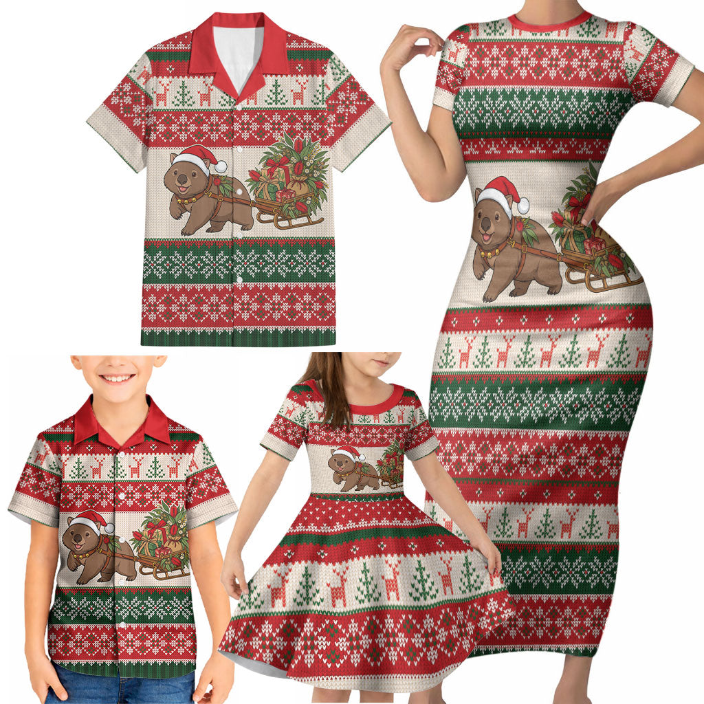 Aussie Wombat Christmas Family Matching Short Sleeve Bodycon Dress and Hawaiian Shirt Festive Knitted Pattern Inspired