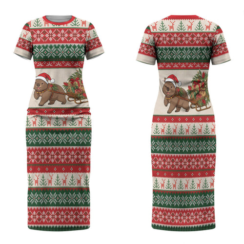 Aussie Wombat Christmas Family Matching Short Sleeve Bodycon Dress and Hawaiian Shirt Festive Knitted Pattern Inspired